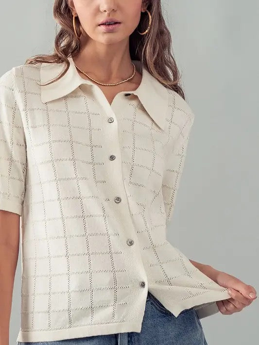 Checkered Hollow Out Knit Shirt