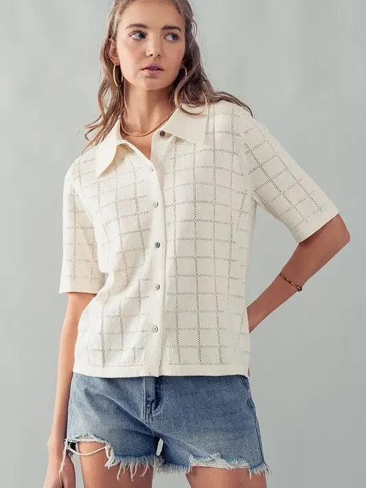 Checkered Hollow Out Knit Shirt