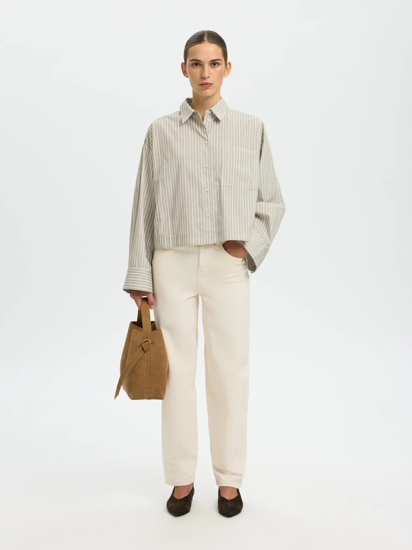 Wastha Long Sleeve Cropped Boxy Shirt - Pure Cashmere/Bright White Stripe