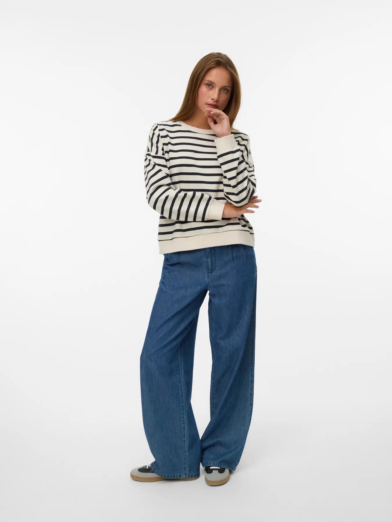Tony Long Sleeve Button Sweatshirt - Birch/Black Stripe