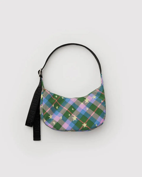 Small Nylon Crescent Bag - Green Star Plaid