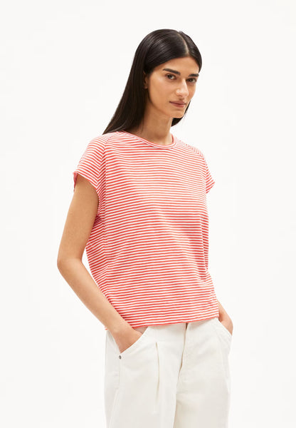 Oneliaa Lovely Stripes Organic Cotton T Shirt - Poppy Red/Oatmilk