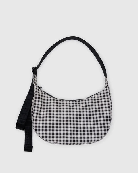 Medium Nylon Crescent Bag - Black & White Gingham