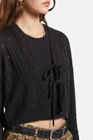 Cropped Pointelle Tie Cardigan - Black