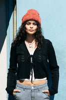 Cropped Pointelle Tie Cardigan - Black