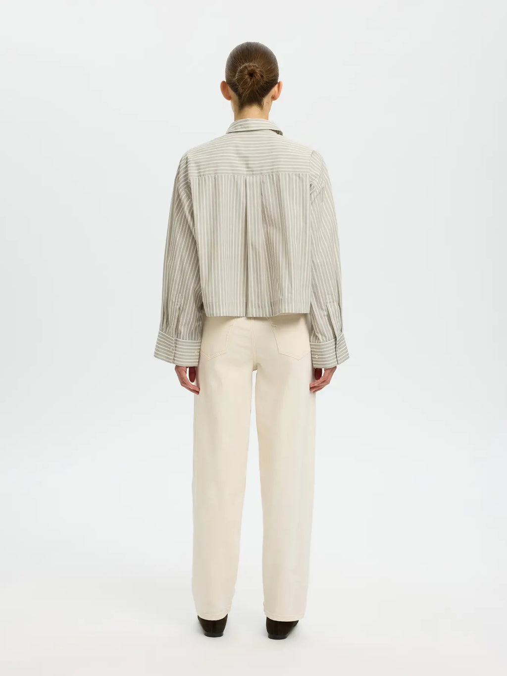 Wastha Long Sleeve Cropped Boxy Shirt - Pure Cashmere/Bright White Stripe