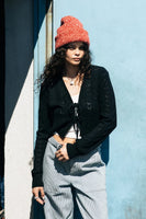 Cropped Pointelle Tie Cardigan - Black