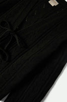 Cropped Pointelle Tie Cardigan - Black