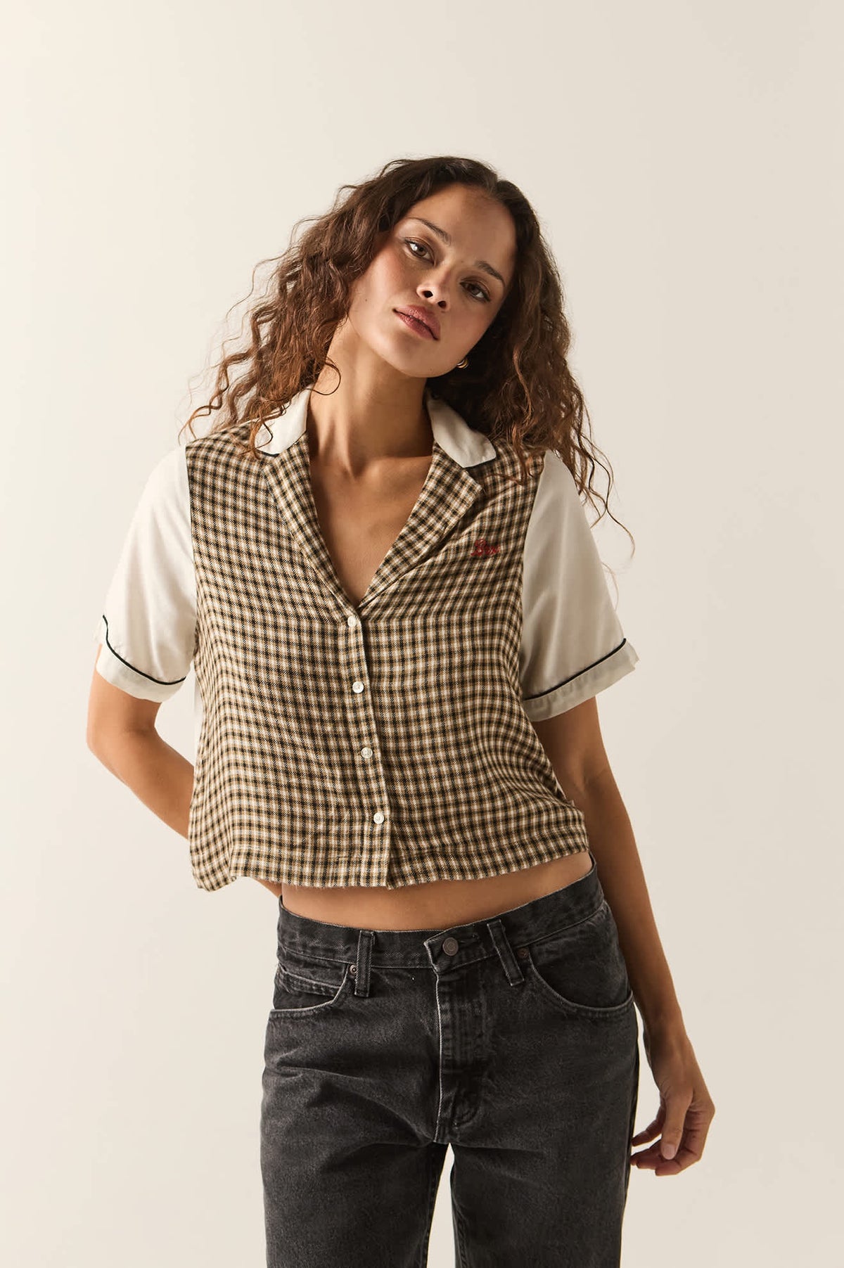 Silky Bowling Button Down - Khaki/Off White/Black