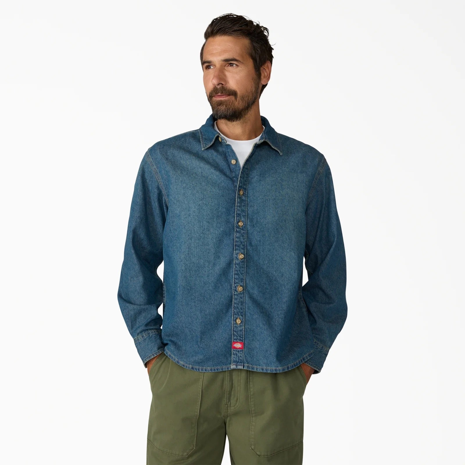 Lightweight Long Sleeve Denim Shirt - Khaki Tinted