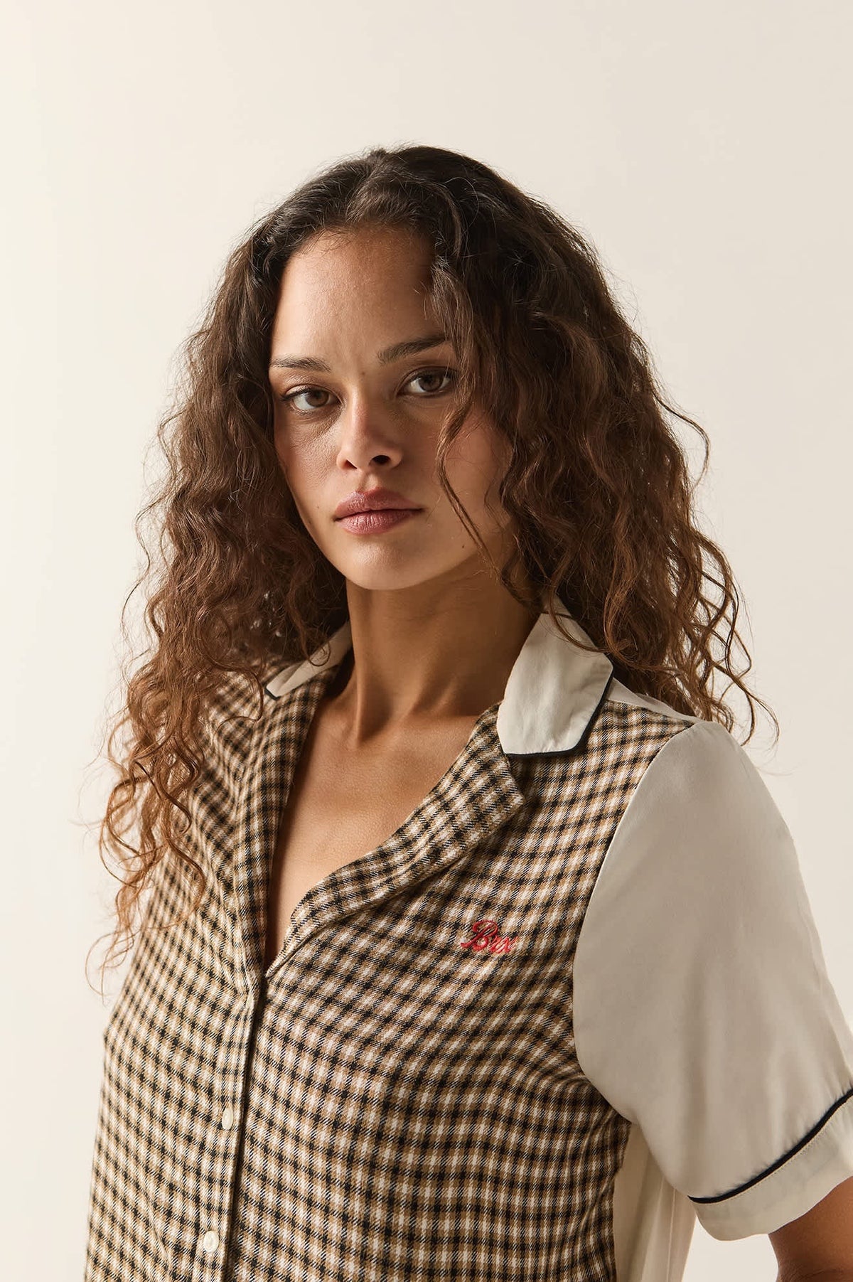 Silky Bowling Button Down - Khaki/Off White/Black
