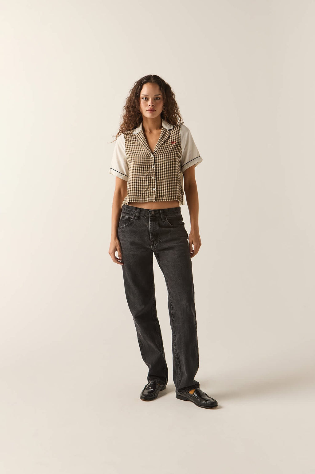 Silky Bowling Button Down - Khaki/Off White/Black