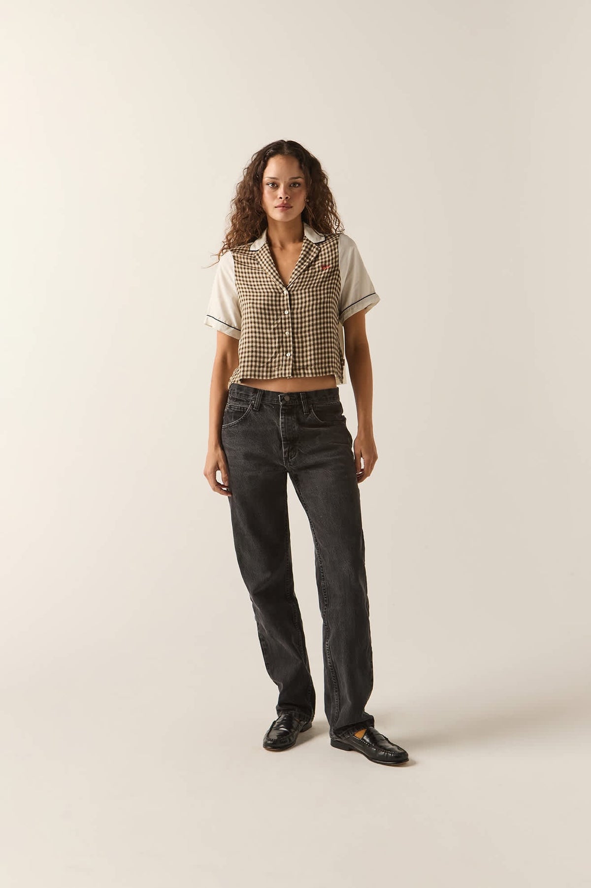 Silky Bowling Button Down - Khaki/Off White/Black