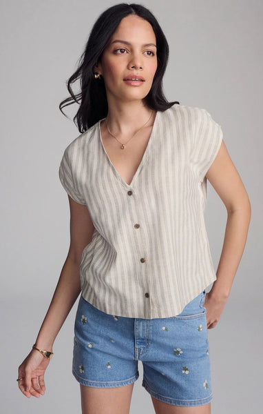 V Neck Short sleeve Button Shirt - Black Stripe