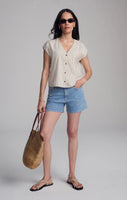 V Neck Short sleeve Button Shirt - Black Stripe