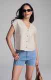 V Neck Short sleeve Button Shirt - Black Stripe