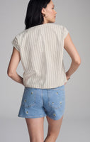 V Neck Short sleeve Button Shirt - Black Stripe
