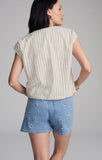 V Neck Short sleeve Button Shirt - Black Stripe