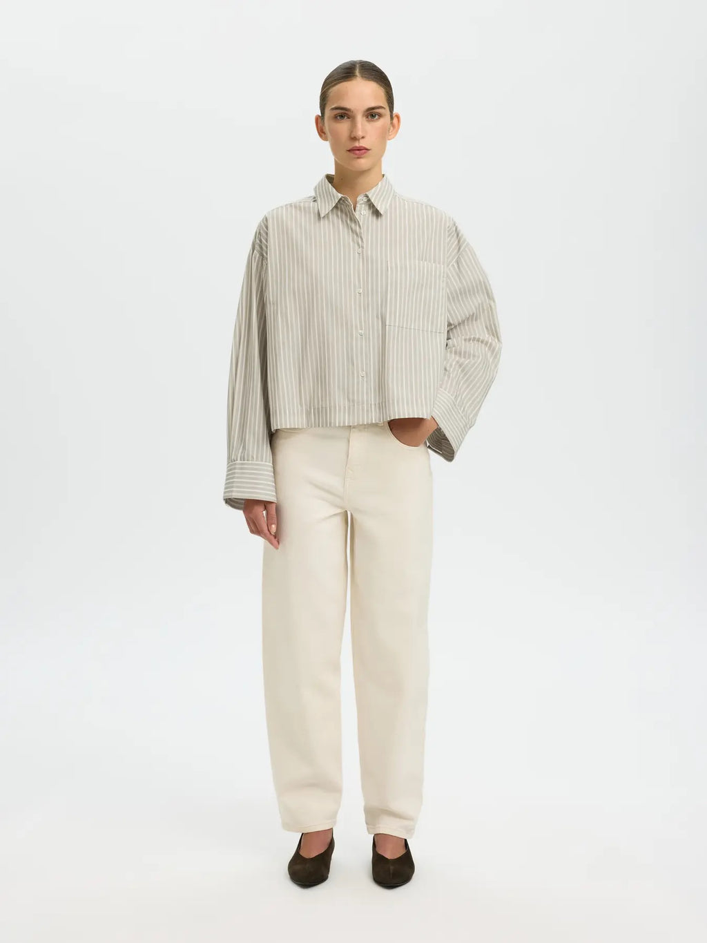 Wastha Long Sleeve Cropped Boxy Shirt - Pure Cashmere/Bright White Stripe