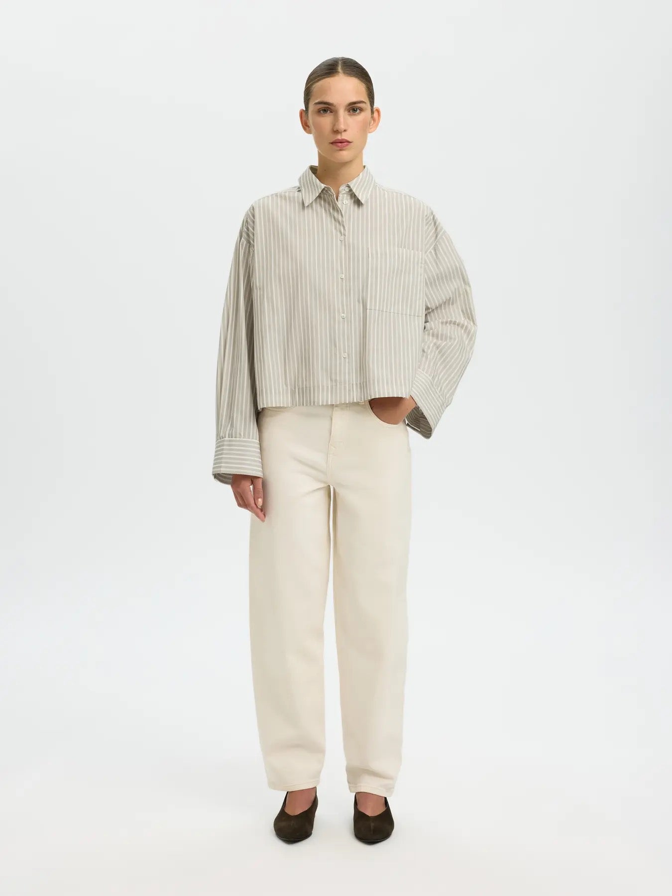 Wastha Long Sleeve Cropped Boxy Shirt - Pure Cashmere/Bright White Stripe