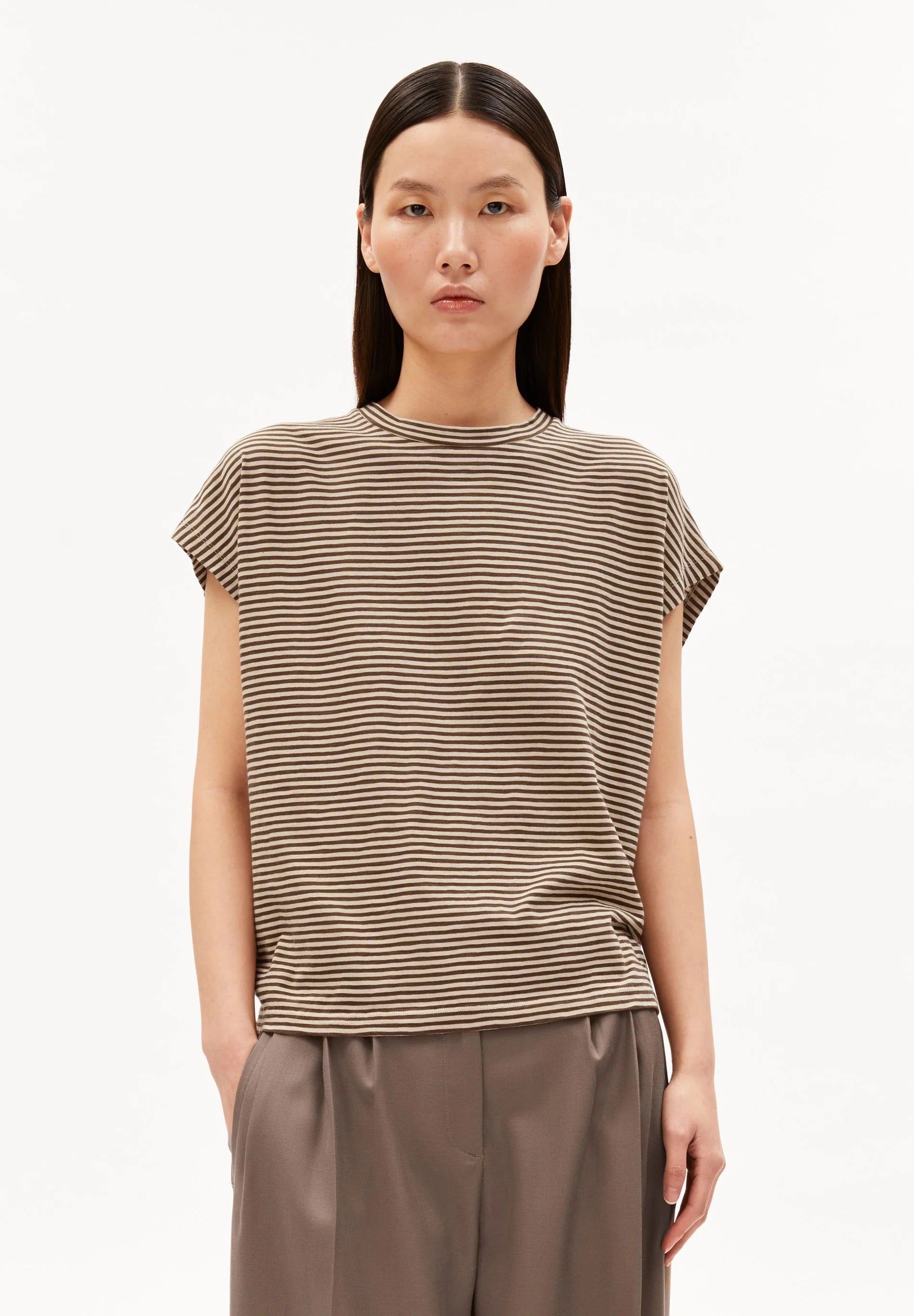 Slub Jersey Striped T Shirt - Sandstone /Dried Palm