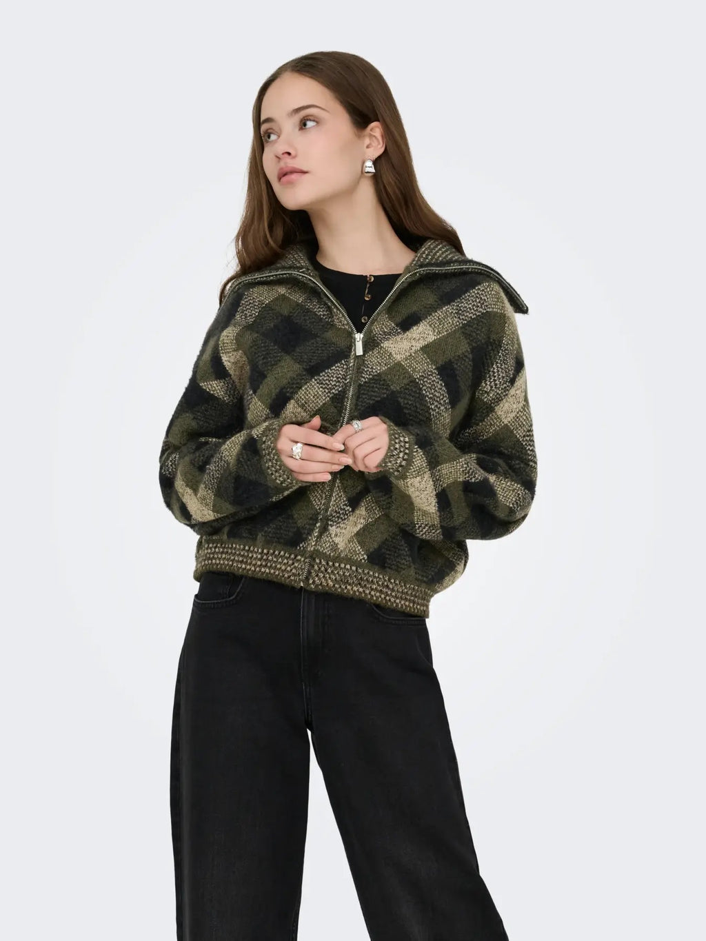 Maroon Long Sleeve Zip Collar Cardigan - Forest Night Check