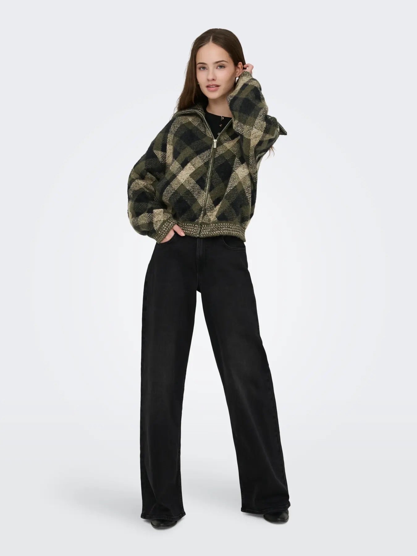 Maroon Long Sleeve Zip Collar Cardigan - Forest Night Check