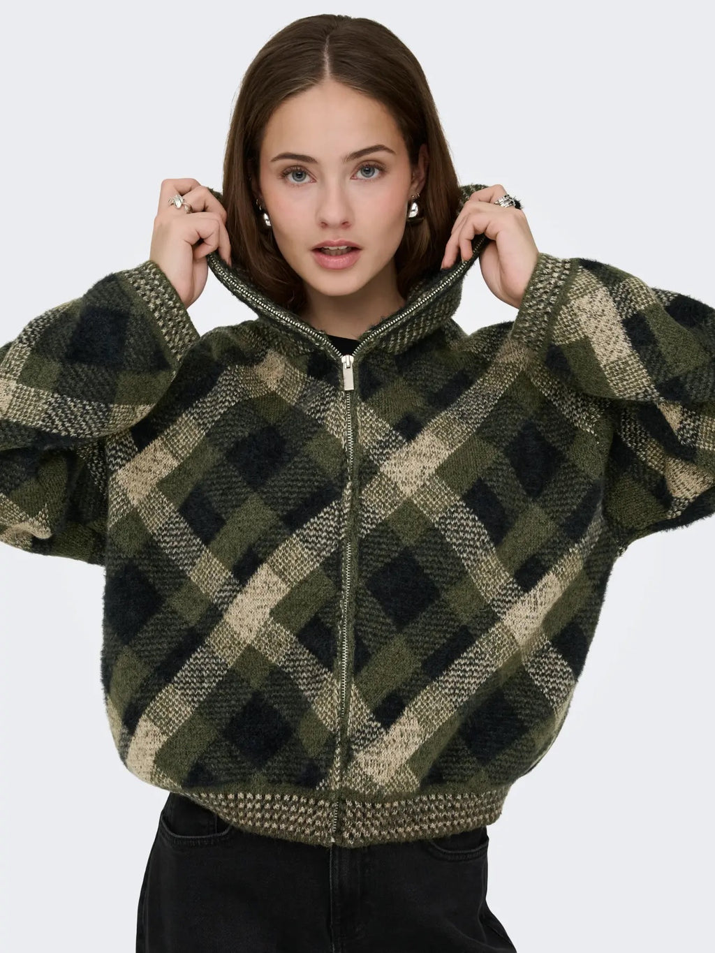 Maroon Long Sleeve Zip Collar Cardigan - Forest Night Check