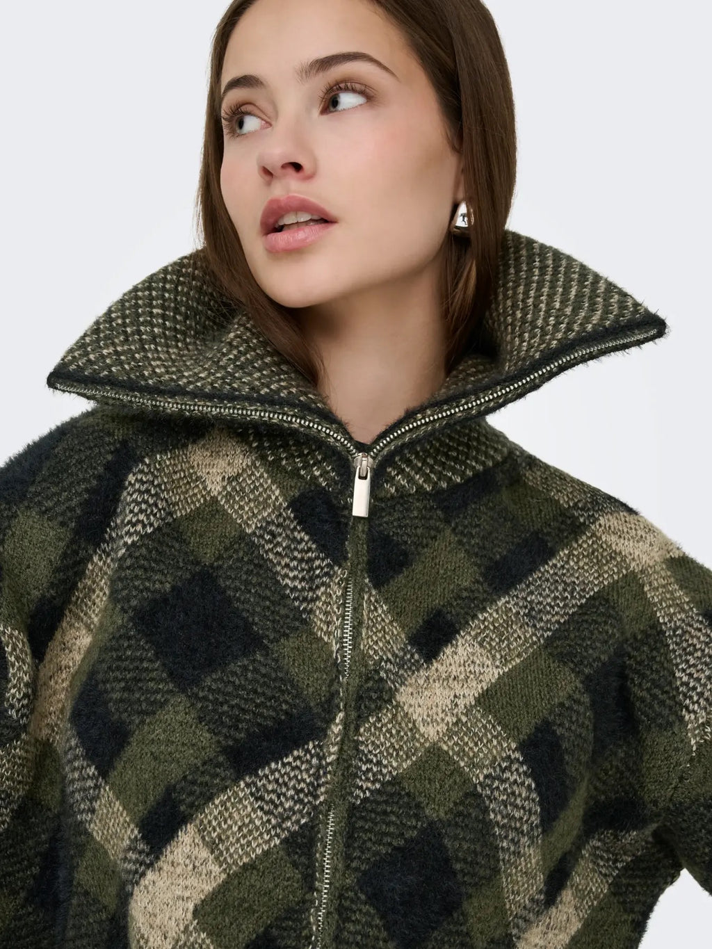 Maroon Long Sleeve Zip Collar Cardigan - Forest Night Check