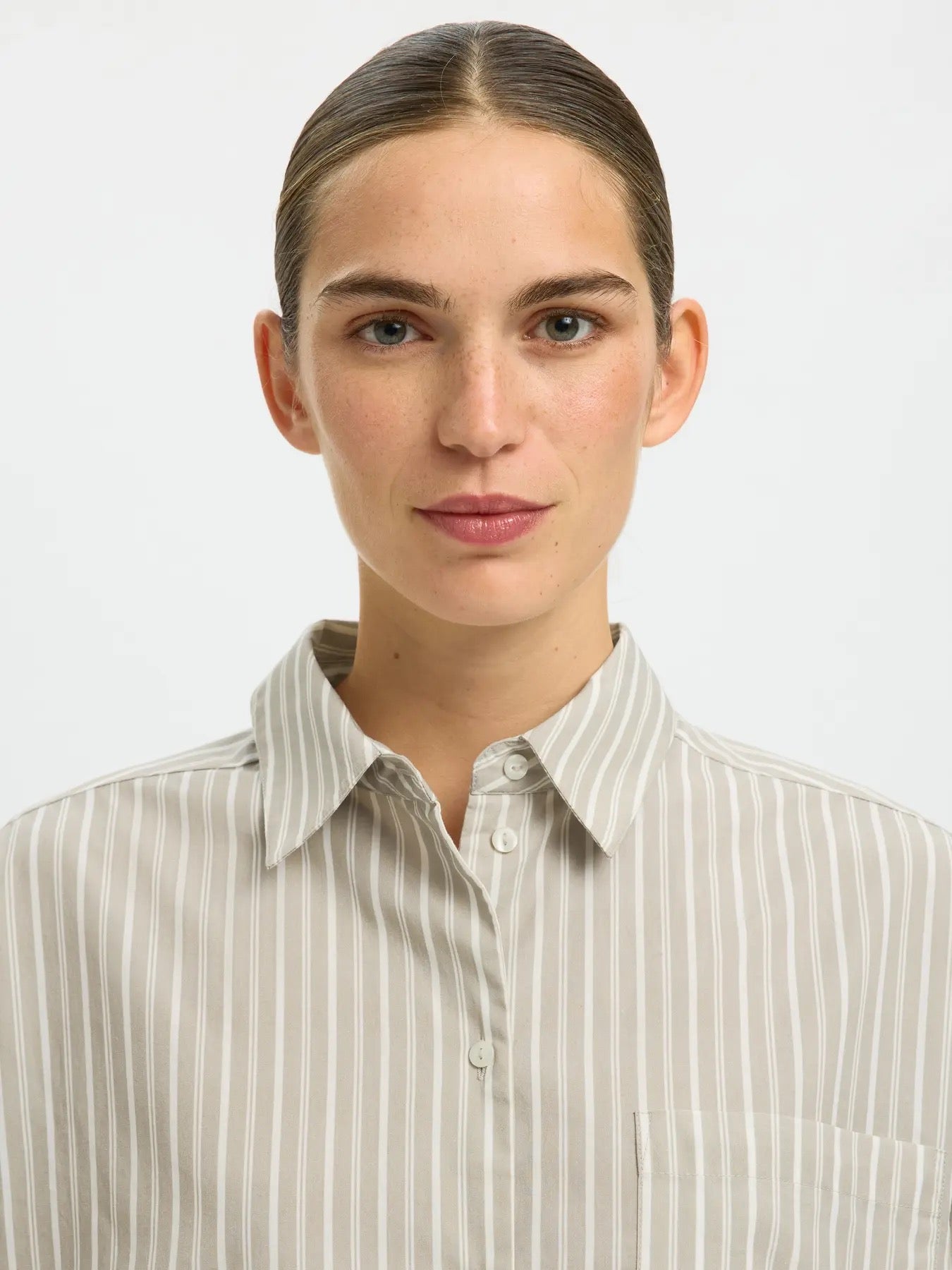 Wastha Long Sleeve Cropped Boxy Shirt - Pure Cashmere/Bright White Stripe