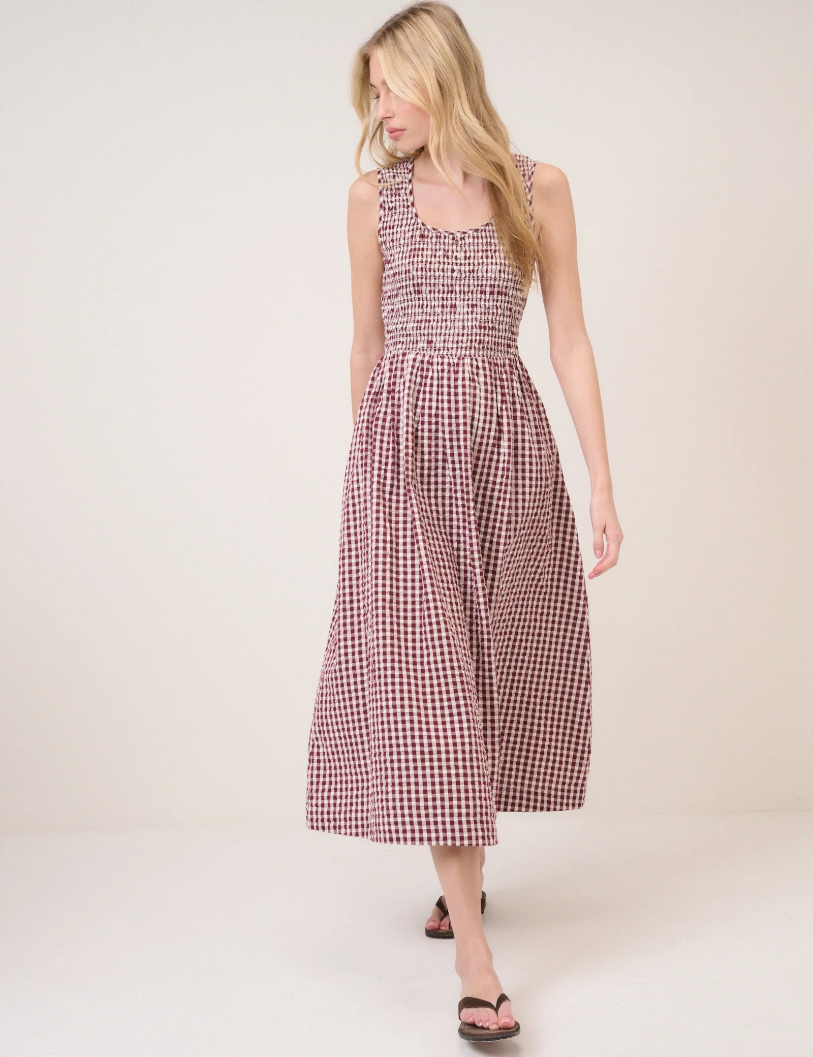 Kinsley Sleeveless Midi Dress - Burgundy Gingham