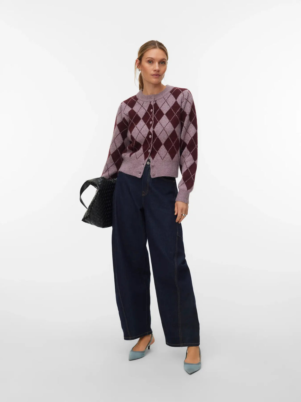 Halo O-Neck Argyle Cardigan - Elderberry/Windsor Wine
