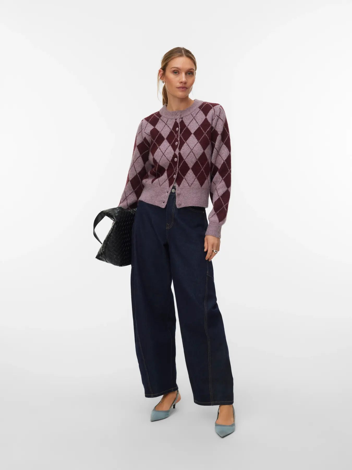 Halo O-Neck Argyle Cardigan - Elderberry/Windsor Wine