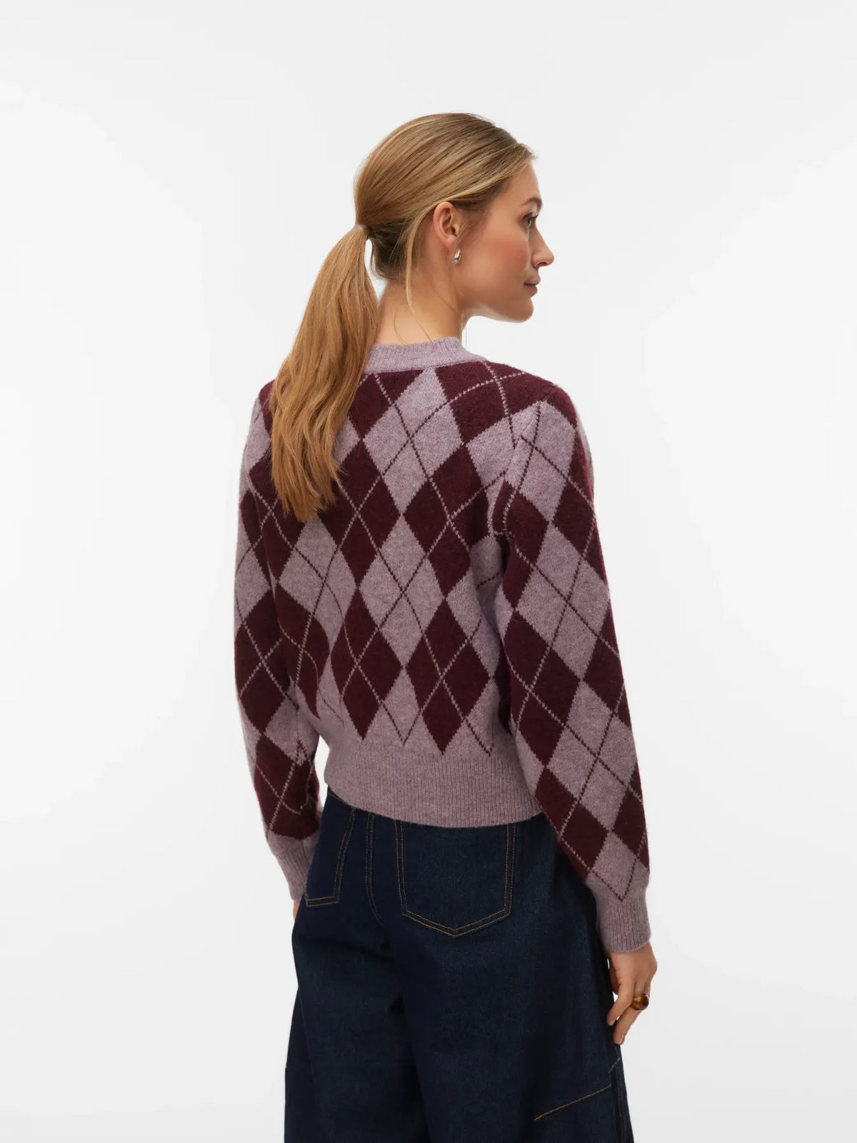 Halo O-Neck Argyle Cardigan - Elderberry/Windsor Wine