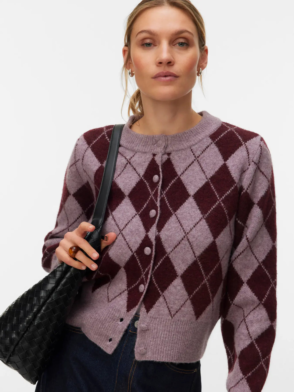 Halo O-Neck Argyle Cardigan - Elderberry/Windsor Wine