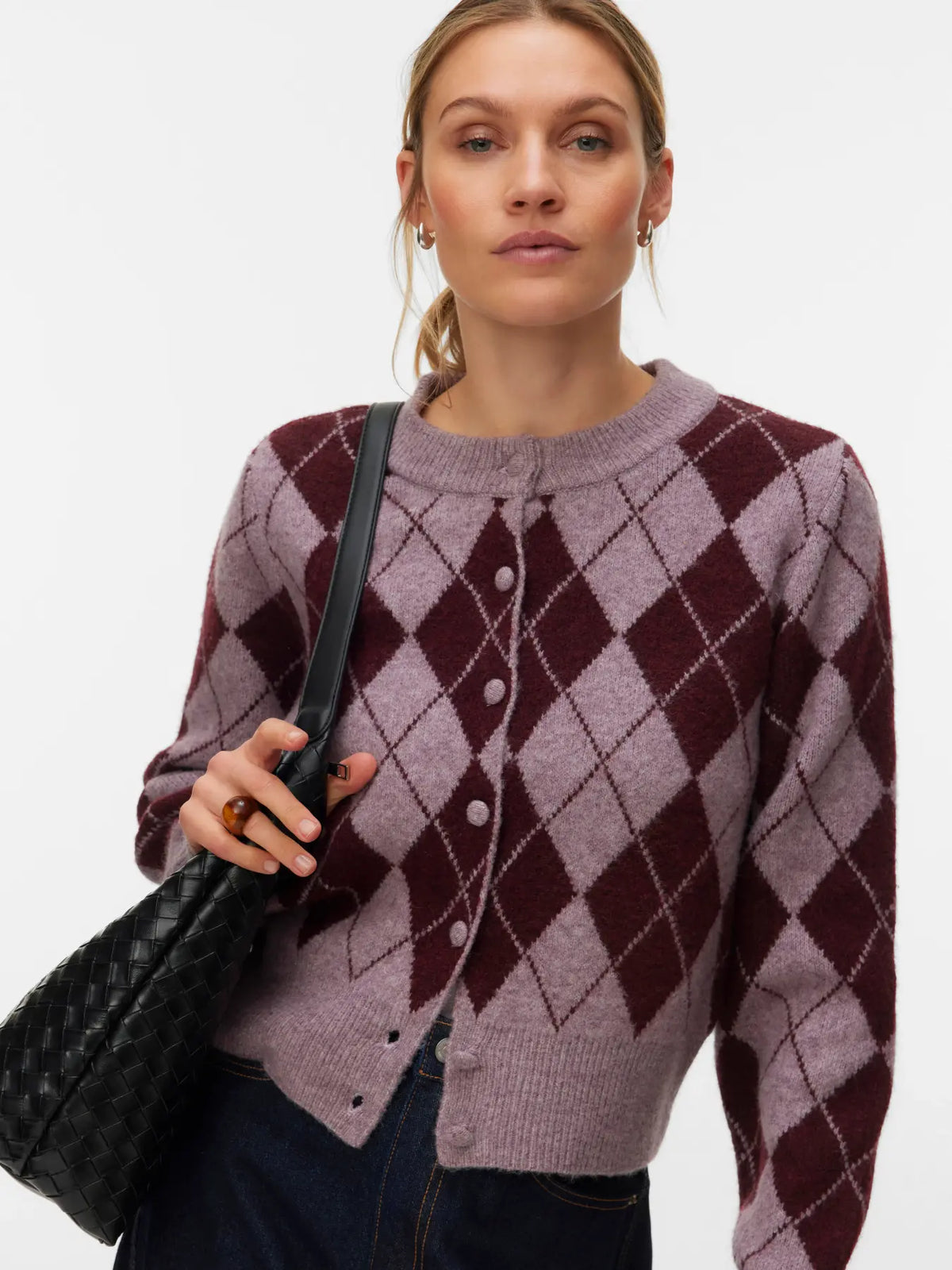 Halo O-Neck Argyle Cardigan - Elderberry/Windsor Wine
