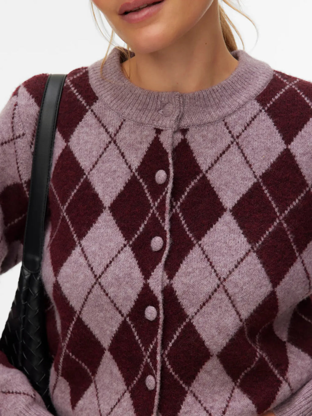 Halo O-Neck Argyle Cardigan - Elderberry/Windsor Wine
