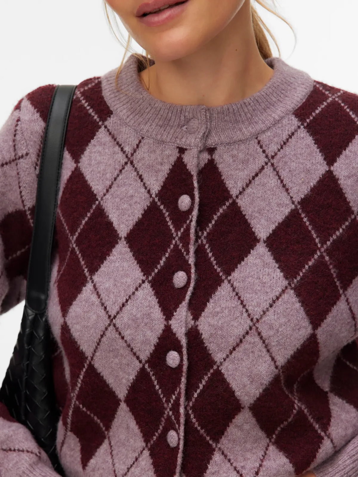 Halo O-Neck Argyle Cardigan - Elderberry/Windsor Wine