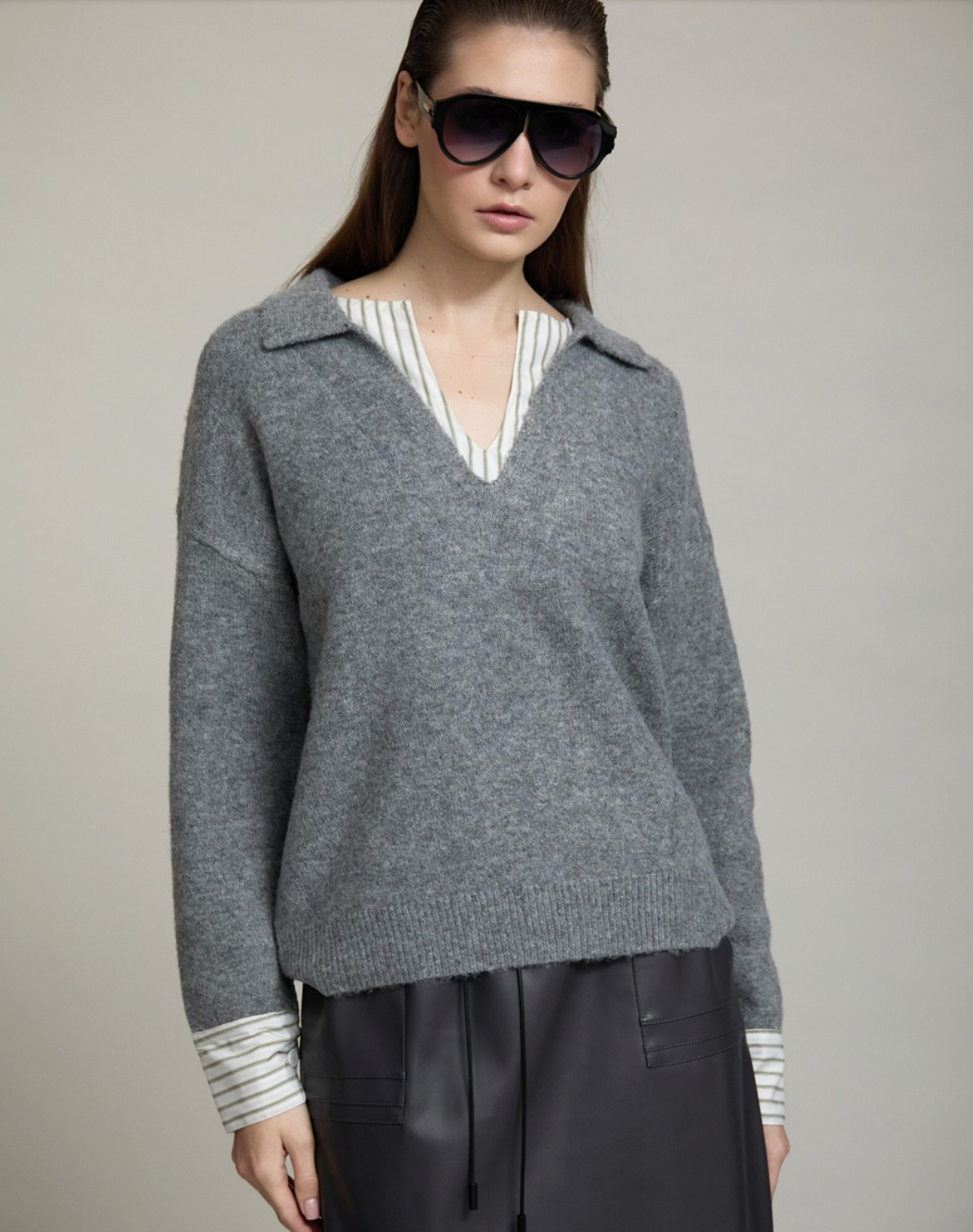 Sweater With Striped Poplin Contrast