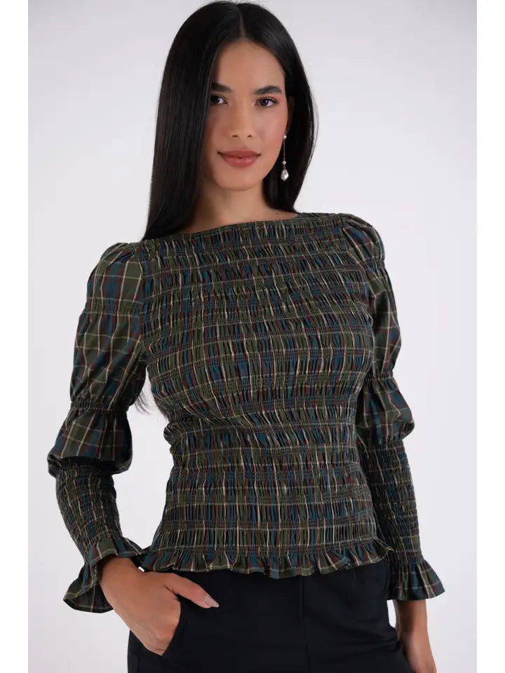 Iris Plaid Smocked Top