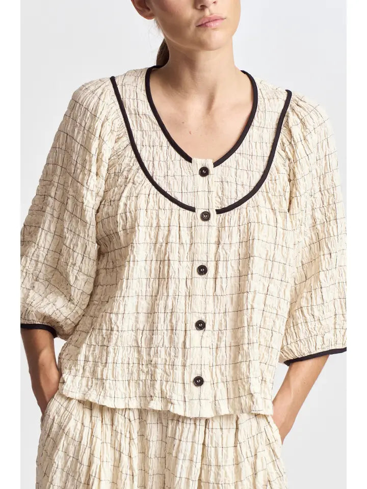 Twill Tape Detail Puff Sleeve Top