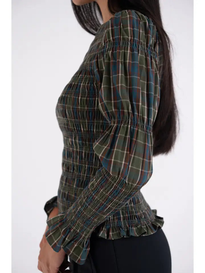 Iris Plaid Smocked Top