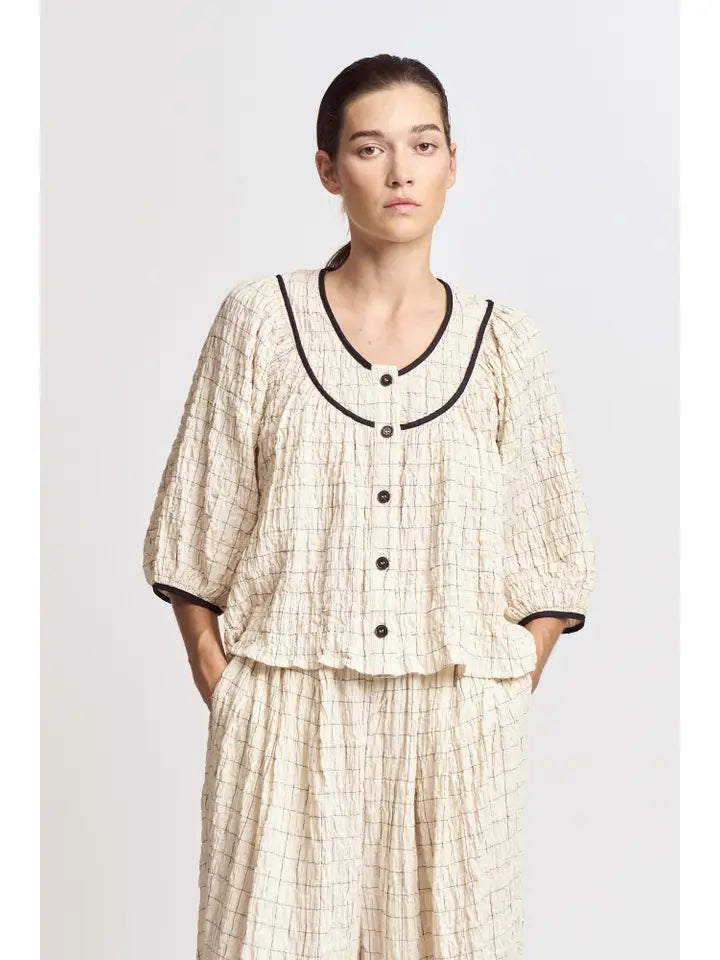 Twill Tape Detail Puff Sleeve Top
