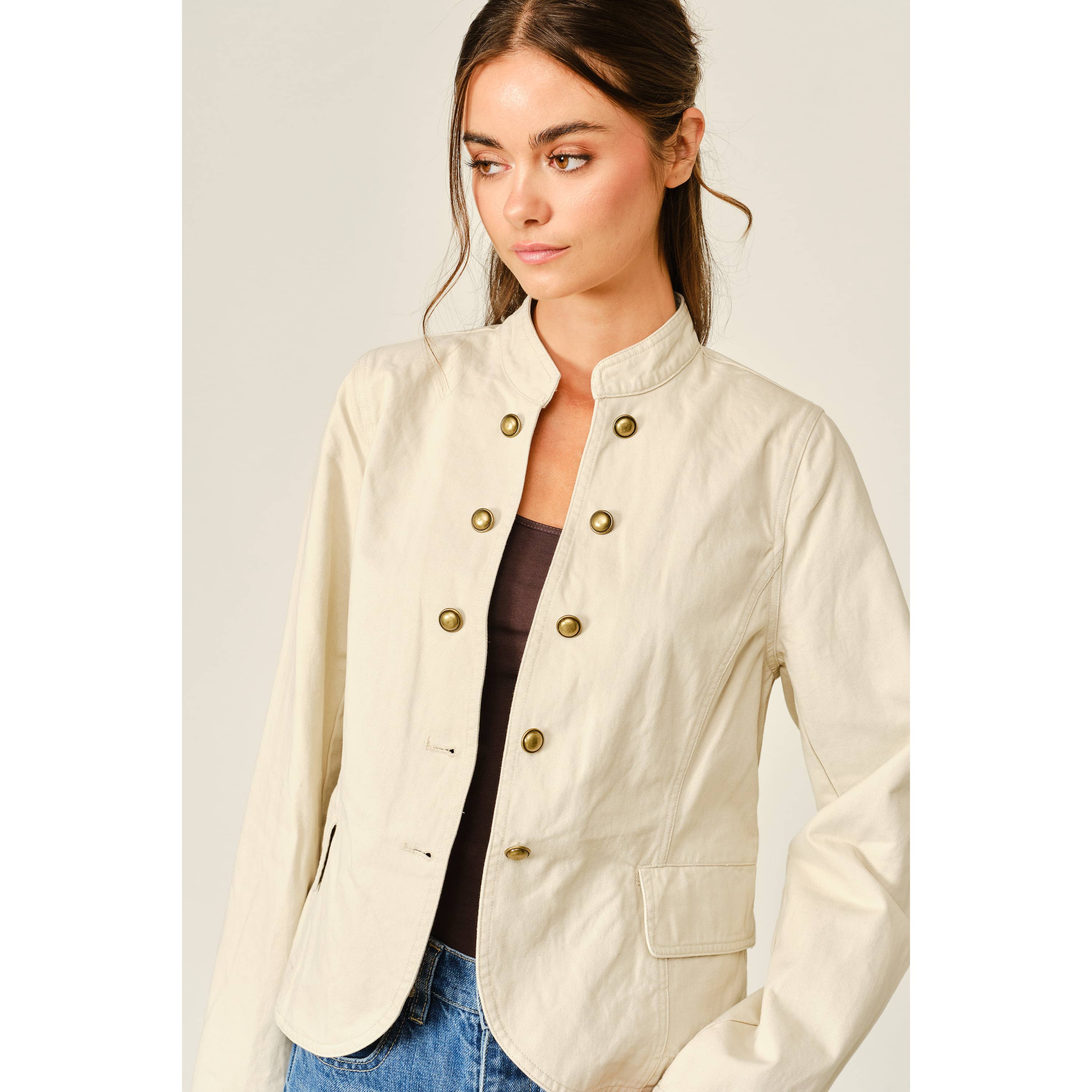 Fitted Button Cotton Jacket - Tan