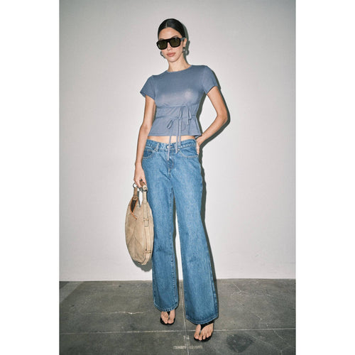 Amber Fine Knit Tie Waist Top - Navy