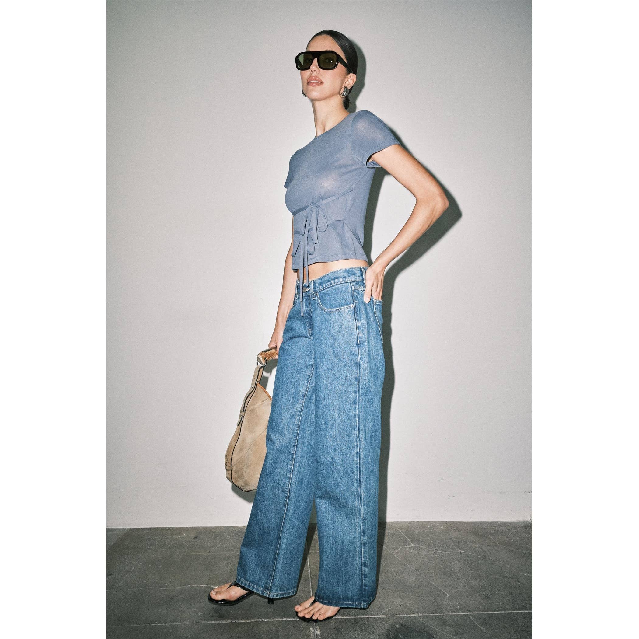 Amber Fine Knit Tie Waist Top - Navy