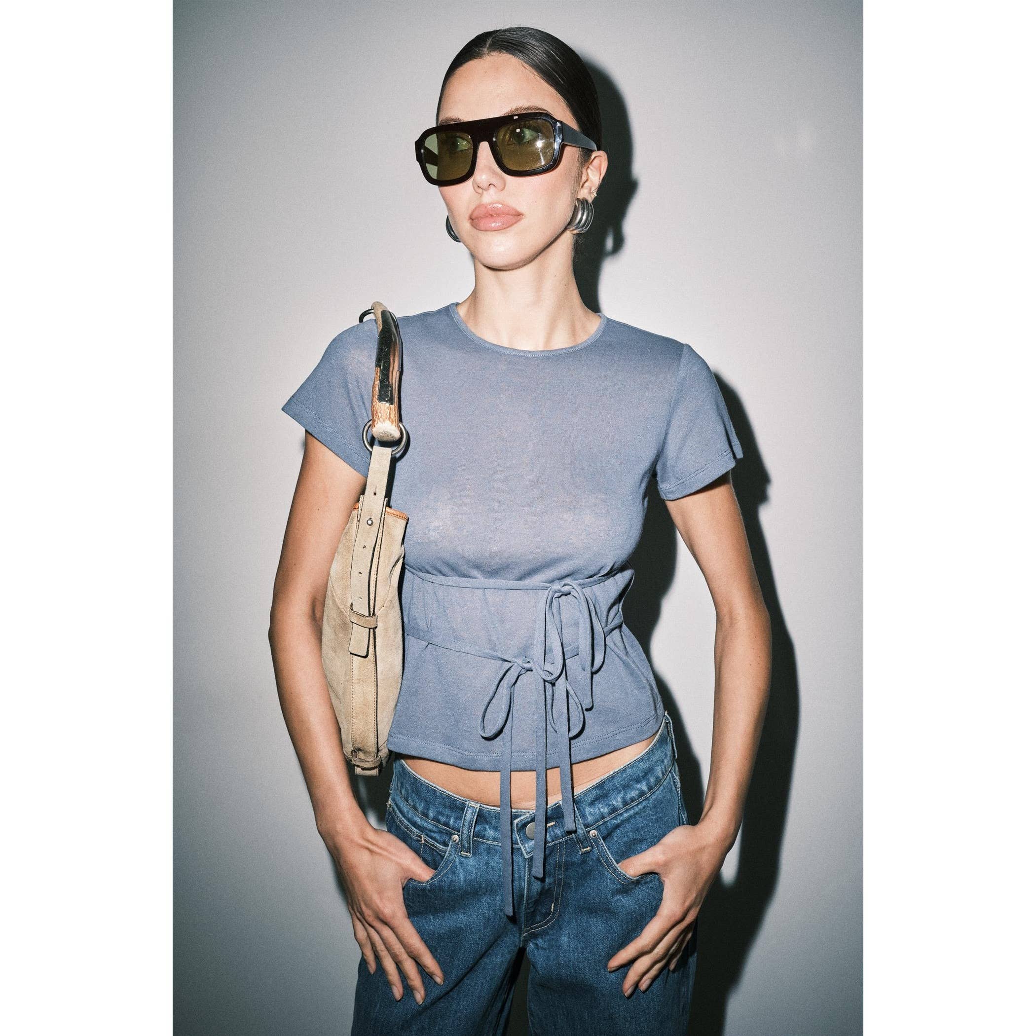 Amber Fine Knit Tie Waist Top - Navy