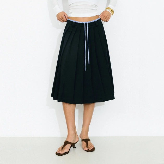 Double Waistband Contrast Pleated Skirt - Navy
