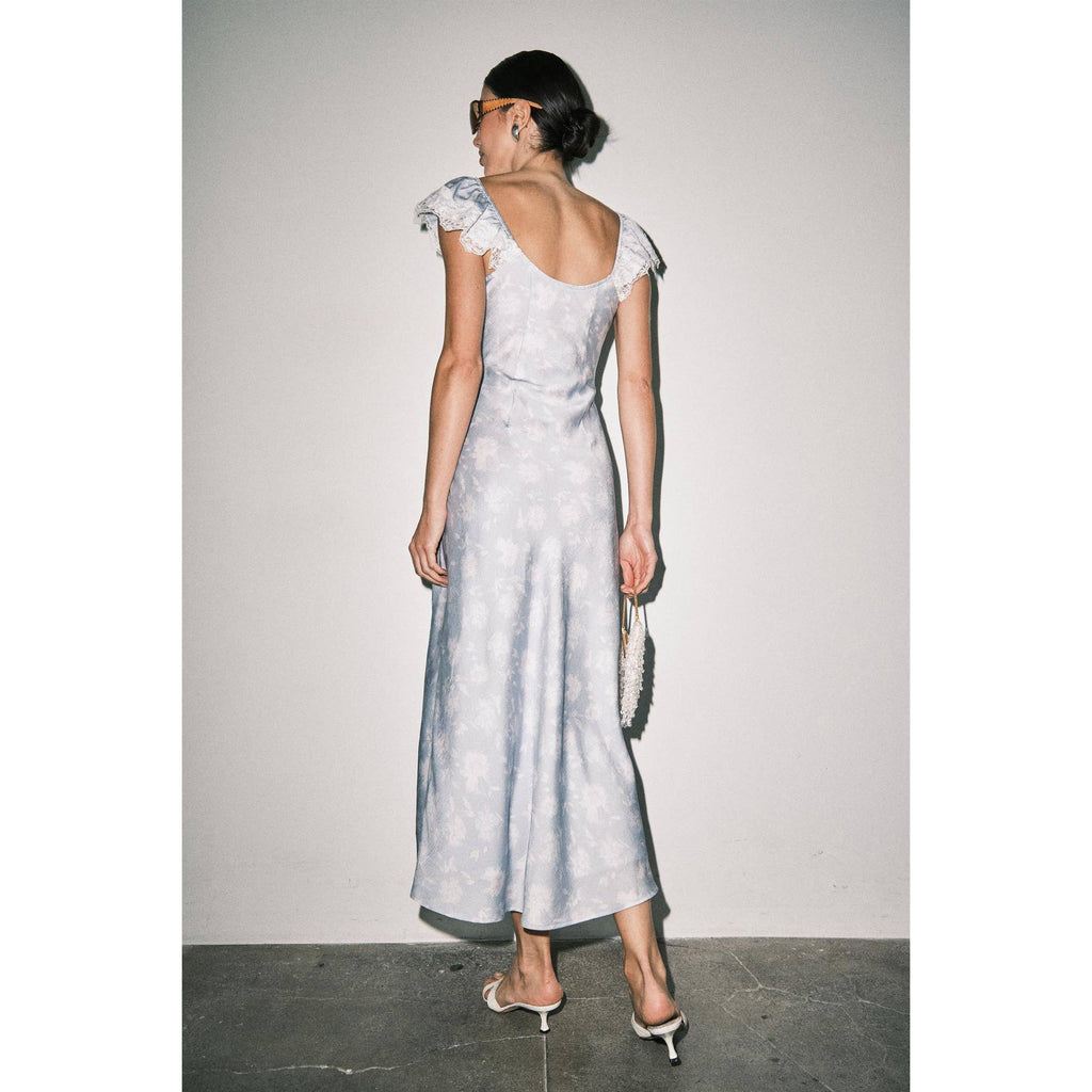 Camille Floral Satin Midi Dress - Light Blue Floral