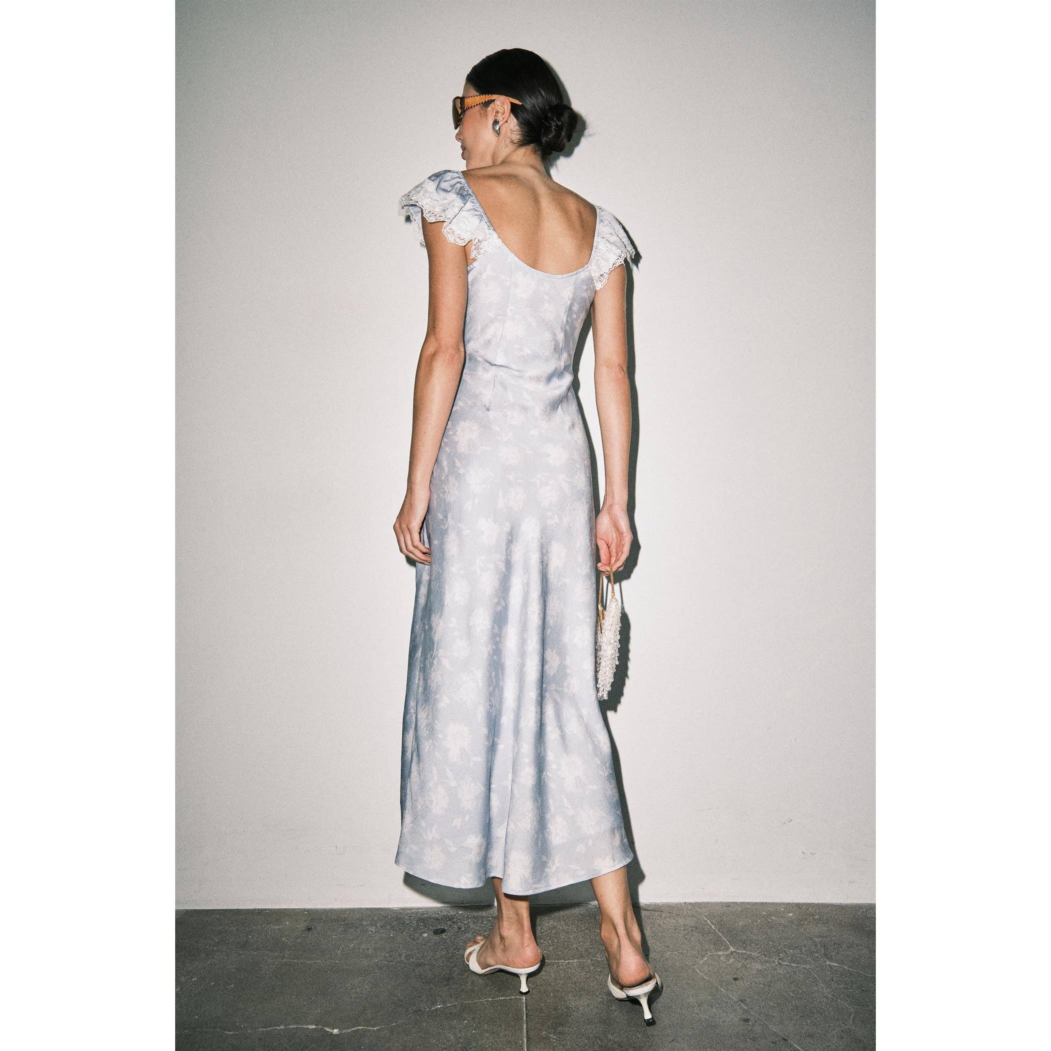 Camille Floral Satin Midi Dress - Light Blue Floral